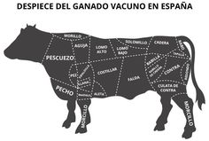 a cow cut into pieces with the names of its meats and labeled in spanish