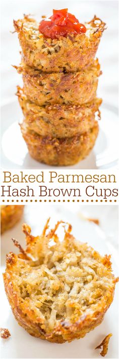 baked parmesan hash brown cups stacked on top of each other with tomatoes in the middle