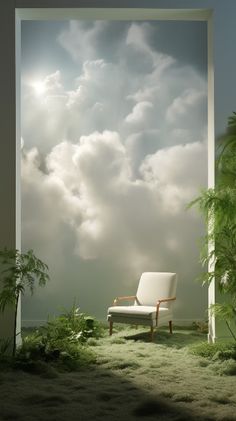 an open door with a chair in front of it and clouds above the doorway to another room