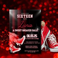 a red sneaker ball party flyer is displayed on a dark background with sparkling lights