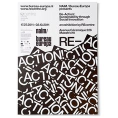 a poster with black and white letters on it's sides, including the word action