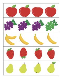 an image of fruits and vegetables to match the number of apples, pears, grapes, and strawberries