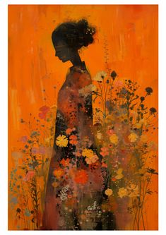 a painting of a woman standing in front of flowers with an orange sky behind her