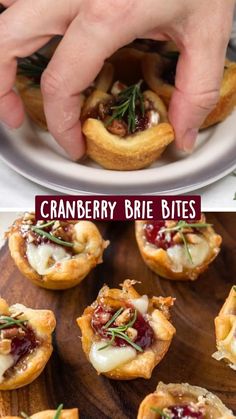 cranberry brie bites on a wooden platter