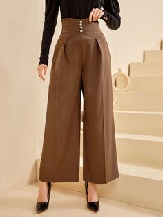 Marrón Mocha Elegante Collar  Tela Liso Pierna ancha Embellished No-Elástico Primavera/Verano/Otoño Bottoms de Mujer High Waisted Pleated Pants, Plus Size High Waisted Pants, Cottagecore Fashion Pants, Beige High Waist Wide Leg Pants With Button Closure, Elegant Brown Pants With Button Closure, Brown High Waist Wide Leg Pants With Elastic Waistband, Elegant Brown High-waisted Pants, High Waisted Tie Pants, Brown High-waisted Wide Leg Pants With Pockets