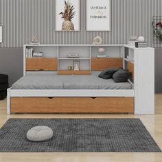 a bed room with a neatly made bed and drawers