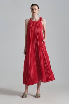 Noma Pleated Dress MEAN BLVD Silk Midi Dress, Yellow Tones, Silk Material, Red And Yellow, Pleated Dress, Dress Materials, Bright Red, Silk Fabric, Skirt Length