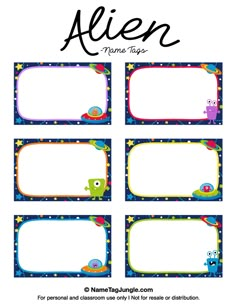 printable name tags for kids with monsters and stars on the border, set of four