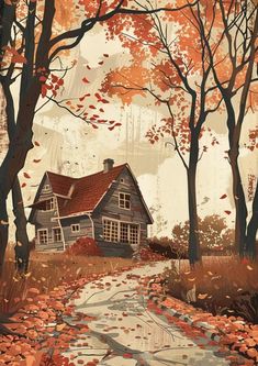 a painting of a house in the woods with leaves on the ground and trees around it