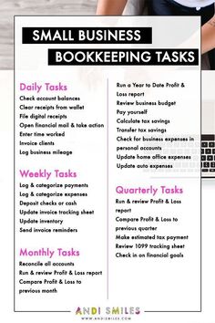 the small business bookkeeping tasks list is shown in pink and black, with an image of