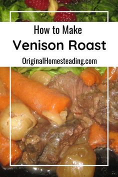 a close up of food on a plate with the words how to make venison roast