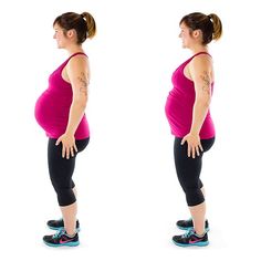 a pregnant woman doing squats with her hands behind her back