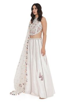 Off white and ivory sleeveless halter neck choli with all over petal bloom embroidery. Paired with a kalidar sharara. - Aza Fashions Sharara For Women, Bloom Embroidery, Payal Singhal, Jayanti Reddy, Tarun Tahiliani, Dupion Silk, Silk Embroidery, Modern Bride, Aza Fashion