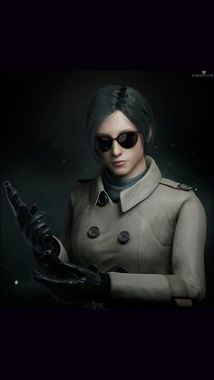 a woman in a trench coat and sunglasses holding a black glove with her right hand