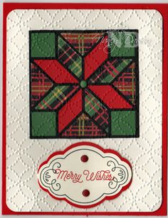 a red and green christmas card with a snowflake on it