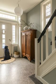 a dog sitting on the floor in front of a wooden cabinet next to a stair case