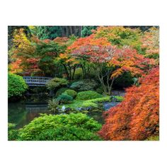 the japanese garden is full of colorful trees and shrubs, with a bridge in the background