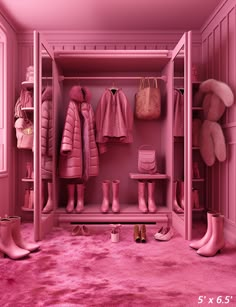 a pink closet filled with lots of coats and boots next to a teddy bear on the floor