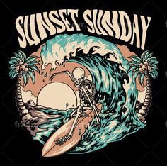 a skeleton riding a surfboard in the ocean with palm trees and sun behind it