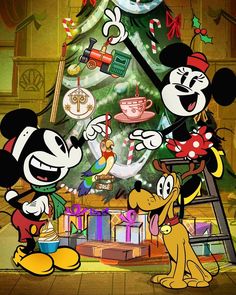 mickey mouse and friends around the christmas tree