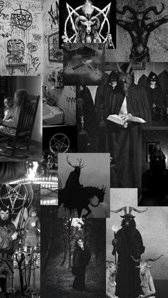 black and white collage with images of people dressed up as witches, demon slayers, devil's head, etc