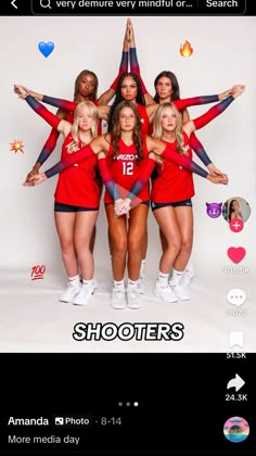 a group of women in red shirts and shorts posing for a photo with the caption shotters