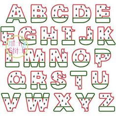 the letters and numbers are drawn in red, green and white polka dot style fabric