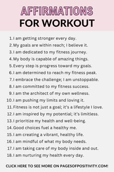 pin that says in a large font Affirmations for Workout Daily Affirmations For Working Out, Positive Gym Affirmations, Affirmation For Fitness, Daily Affirmations For Healthy Eating, Healthy Affirmations Motivation, Working Out Affirmations, Workout Affirmations Exercise, Work Out Affirmations, Release Weight Affirmations