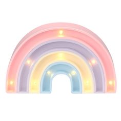 a pink, blue and yellow neon light up rainbow shaped wall decoration with lights on each side