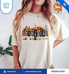 a woman wearing a white shirt with the word universal on it