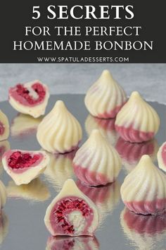 some white and red desserts on a silver surface with text overlay that reads 5 secrets for the perfect homemade bonbon