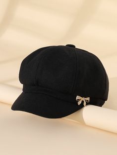 Preto Casual Collar  Tecido Simples Boina com aba Embellished   Acessórios Femininos Shein Cart, Bakerboy Hat, Cute Caps, Girl Closet, Rhinestone Bow