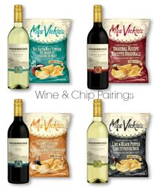 six bottles of wine and chips in front of the words, wine & chip pairings