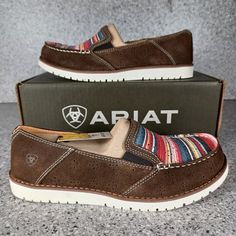 Ariat Crusier Easy Flex Brown Colorful Flat Shoes Sizes 8.5 Or 9 Brand New In Box 360 Degrees Of Cooling For All Over Temperature Regulation Full-Grain Leather Lightweight Eva Midsole For Shock Absorption Lightweight And Flexible Bantamweight Sole Easy Slip-On Style Comfy, Cushy, Slip-On-And-Go Cruiseronly Cooler. Perforated Leather And A High-Tech Cooling Lining To Keep You Comfortable In The Heat. Perfect For Throwing On After You Get Out Of Your Boots. Sku30 Ariat Shoes, Perforated Leather, Flat Color, Flat Shoes, Full Grain Leather, High Tech, Flat Shoes Women, The Heat, Loafer Flats