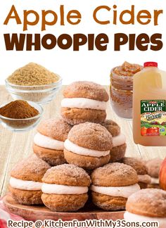 apple cider whoopie pies are stacked on top of each other with apples in the background