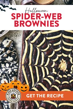 halloween spider web brownies with pumpkins on the side and text that reads, get the recipe