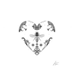 a black and white drawing of a heart with two bees on it's side