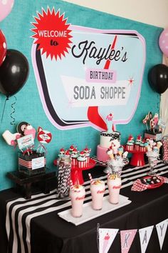 a birthday party with cake, ice cream and desserts for someone's soda shoppe