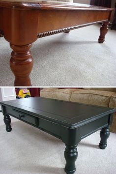 before and after photos of an old pool table turned into a living room coffee table