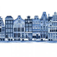 a blue and white drawing of buildings in front of each other on a white background