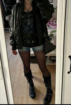 Female Band Vocalist Outfit, Grunge Outfits With Tights, Tights And Denim Shorts, Layered Tights Outfit, Animal Print Tights Outfit, Denim Mini Shorts Outfit, Short And Tights Outfit, 2024 Alt Fashion, Shorts With Tights Outfit Grunge