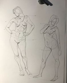 a drawing of two women standing next to each other with their arms on their hips