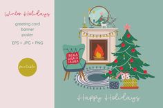 a christmas card with an image of a fireplace, presents and a tree in front of it