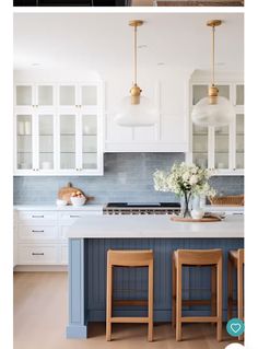 two pictures of a kitchen with white cabinets and blue counter tops, one has three stools