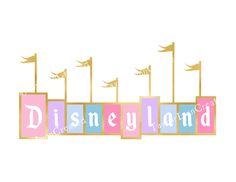 the disneyland land logo with flags flying above it