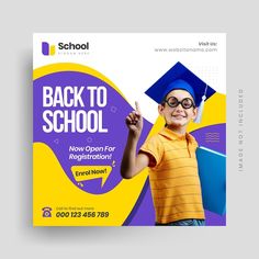 the back to school flyer is shown with a young boy in a cap and glasses