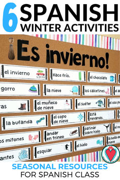 Winter vocabulary words in Spanish with images on a bulletin board titled Es invierno! Spanish Word Wall, Vocabulary Word Walls