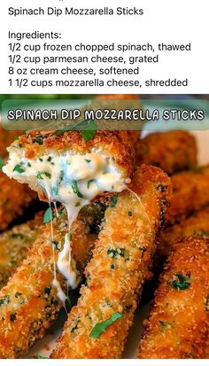 the recipe for spinach dip mozzarella sticks is shown in this advert