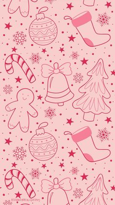 a pink background with christmas decorations and snowflakes