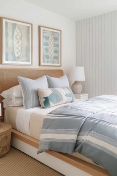 a bed sitting in a bedroom next to two framed pictures on the wall above it